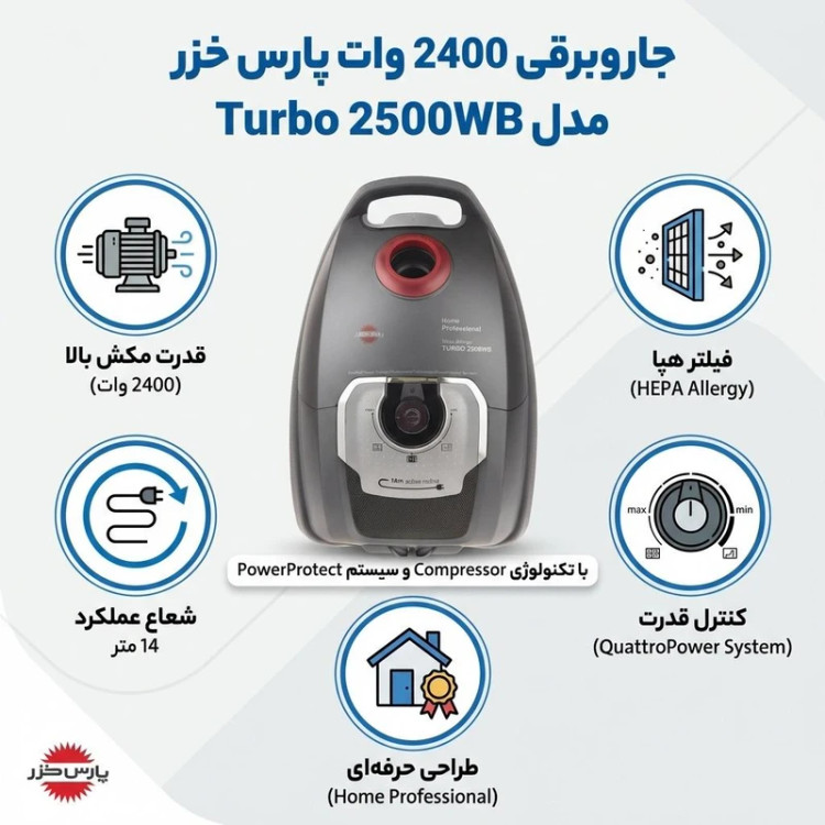 جاروبرقی کیسهدار پارس خزر مدل Turbo 2500WB با موتور 2500 وات، فیلتر ضد آلرژی HEPA، فناوری Quattro Power، طول کابل 14 متر، سیستم محافظ موتور و نشانگر مکانیکی پر شدن کیسه